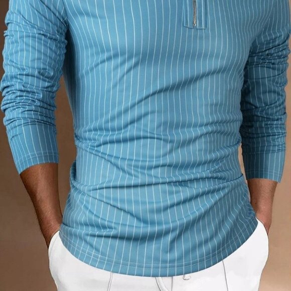 Blue Mens Striped Zip Up Polo - Picture 2 of 7